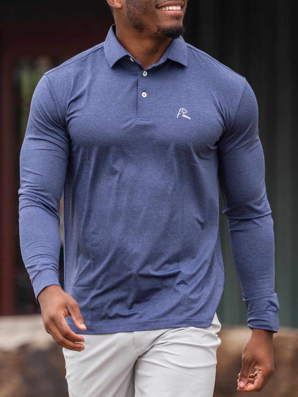 Rhoback Men's Long Sleeve Performance Polo heathered blue color Annapolis Blue M